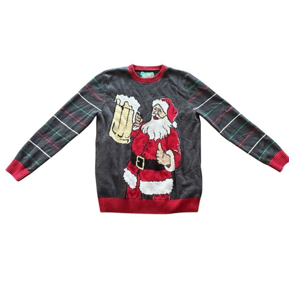 Ugly Christmas Sweater Santa and Beer Gray Green Red White Size Large